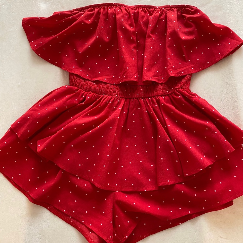 Strapless Sleeveless Red + White Dotted Jumper
